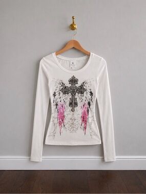 Ellie Rose Y2K Rhinestone Cross Angel Wing Long Sleeve Top L
